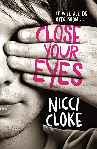 Book cover: man covering eyes with hands, bold red title "Close Your Eyes".