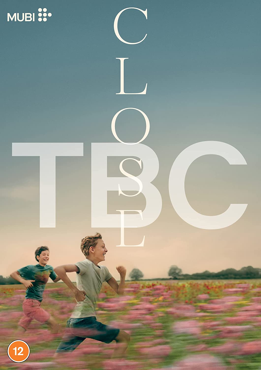 Two young boys run through a flower field under a blue sky.