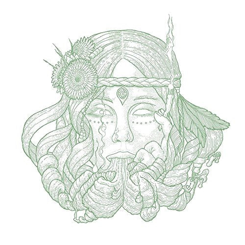 Green line art of a woman’s face with flowers and braids.