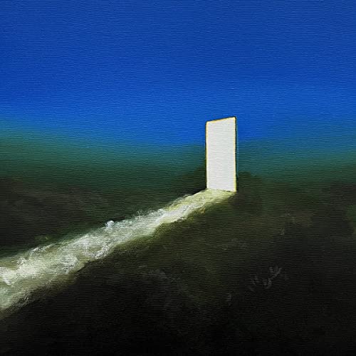 A glowing white rectangular monolith stands in a dark, textured landscape under blue sky.