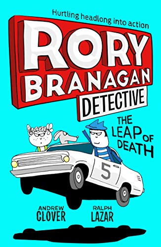 Cartoon book cover featuring detective Rory Branagan driving a flying car.