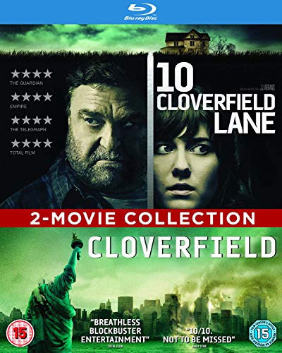 Blu-ray cover for "Cloverfield" and "10 Cloverfield Lane" with actors’ portraits.