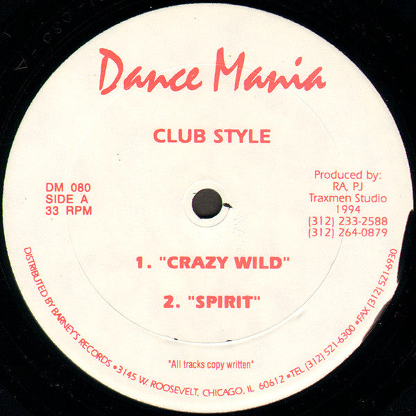White vinyl record label with red text: "Dance Mania" and "Club Style.