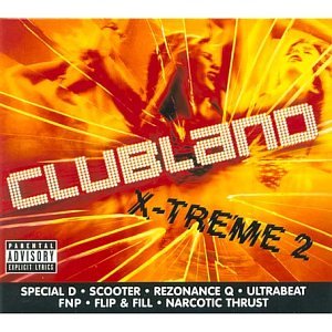 Clubland X-treme 2 CD cover with orange light rays and dancing silhouettes.