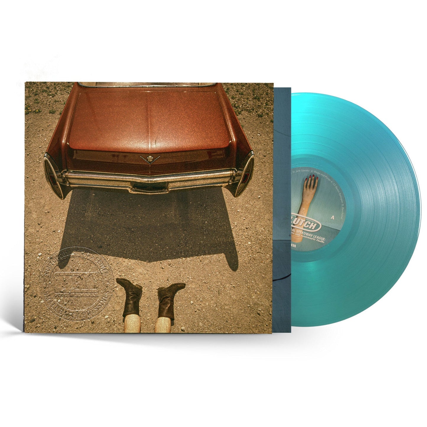 Vinyl record of Clutch's "Transnational Speedway League" with car and feet imagery.