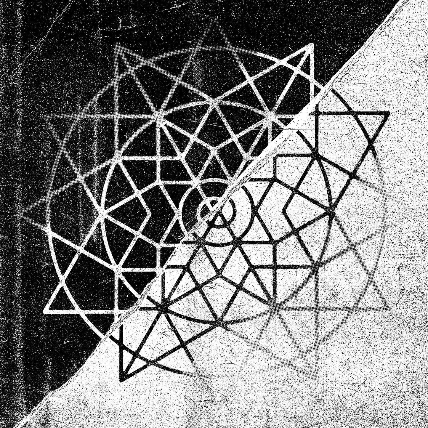 Black and white abstract geometric design on a CD cover.
