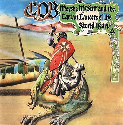 Album cover: knight riding a dragon, ornate lettering, fantasy illustration.