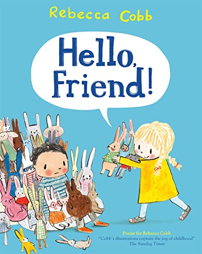 A girl in a yellow dress offers a toy rabbit to a boy surrounded by rabbits.