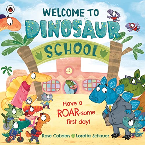 A group of cartoon dinosaurs in school clothes stand outside a school building entrance.