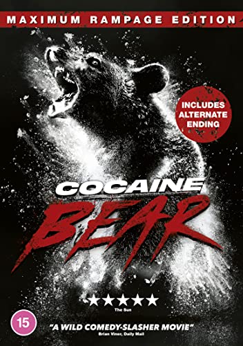 DVD cover for "Cocaine Bear" featuring a roaring bear with red text.
