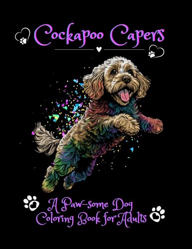 Colorful Cockapoo puppy illustration on a black book cover.