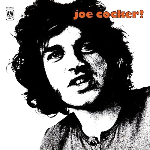 Black and white portrait of Joe Cocker on a vinyl record cover.