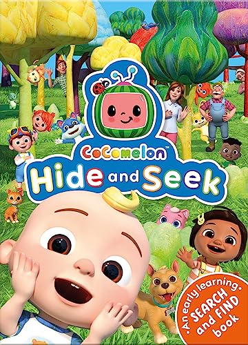 CoComelon characters in a colorful hide-and-seek search and find book cover.
