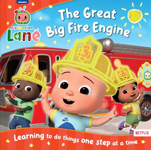 CoComelon characters with a red fire engine and yellow helmets.