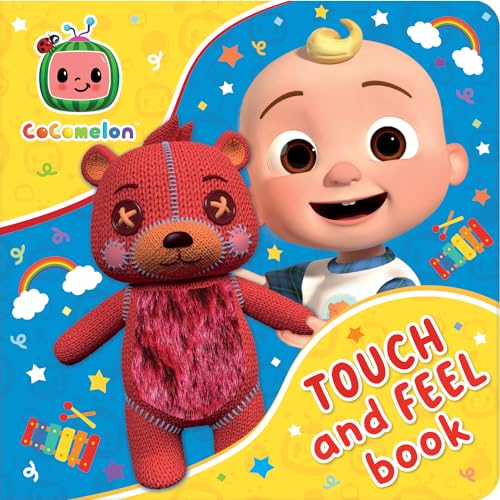 CoComelon book cover with JJ and a red knitted bear, touch and feel.