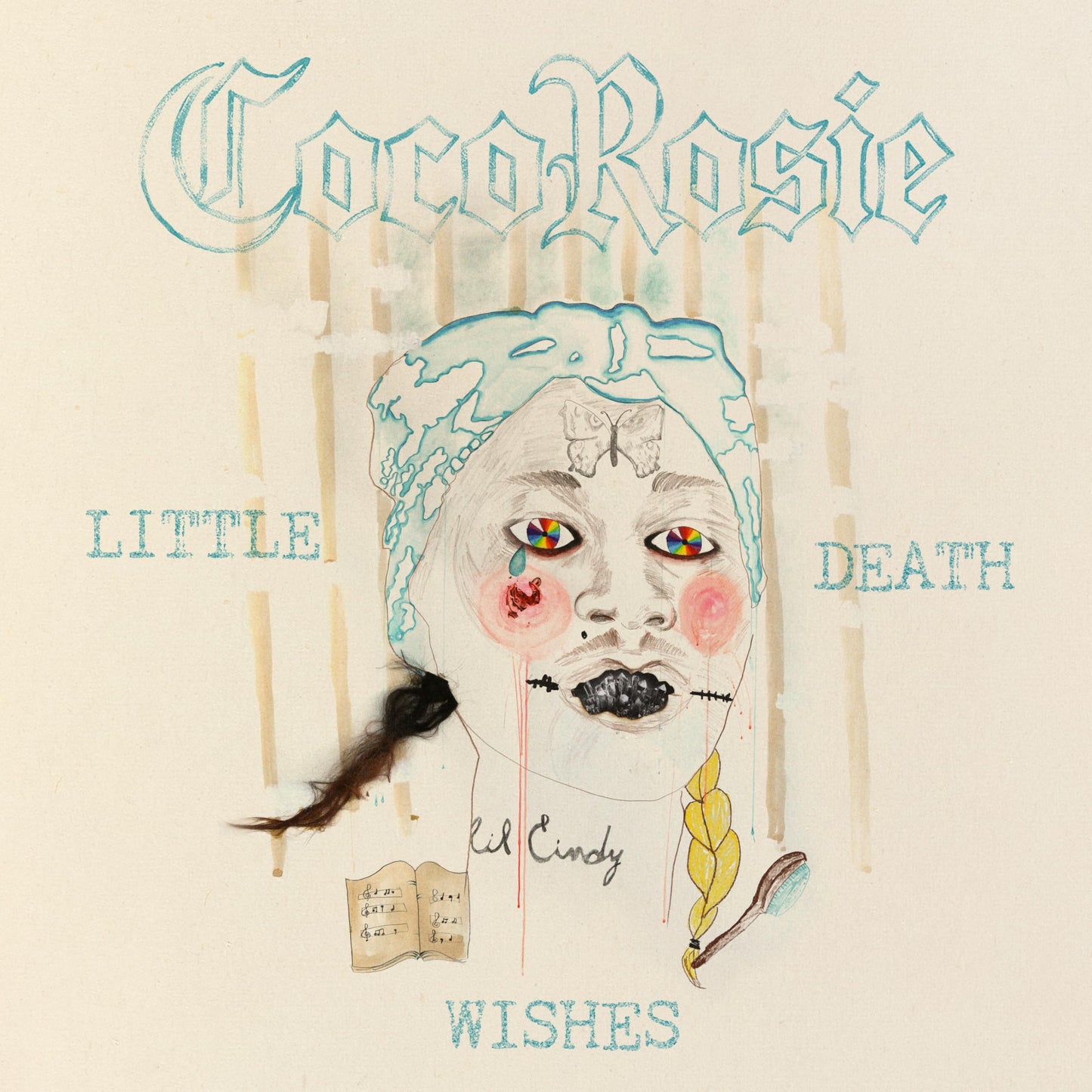Cocorosie's "Littledeath Wishes" album cover: painted portrait with sheet music.