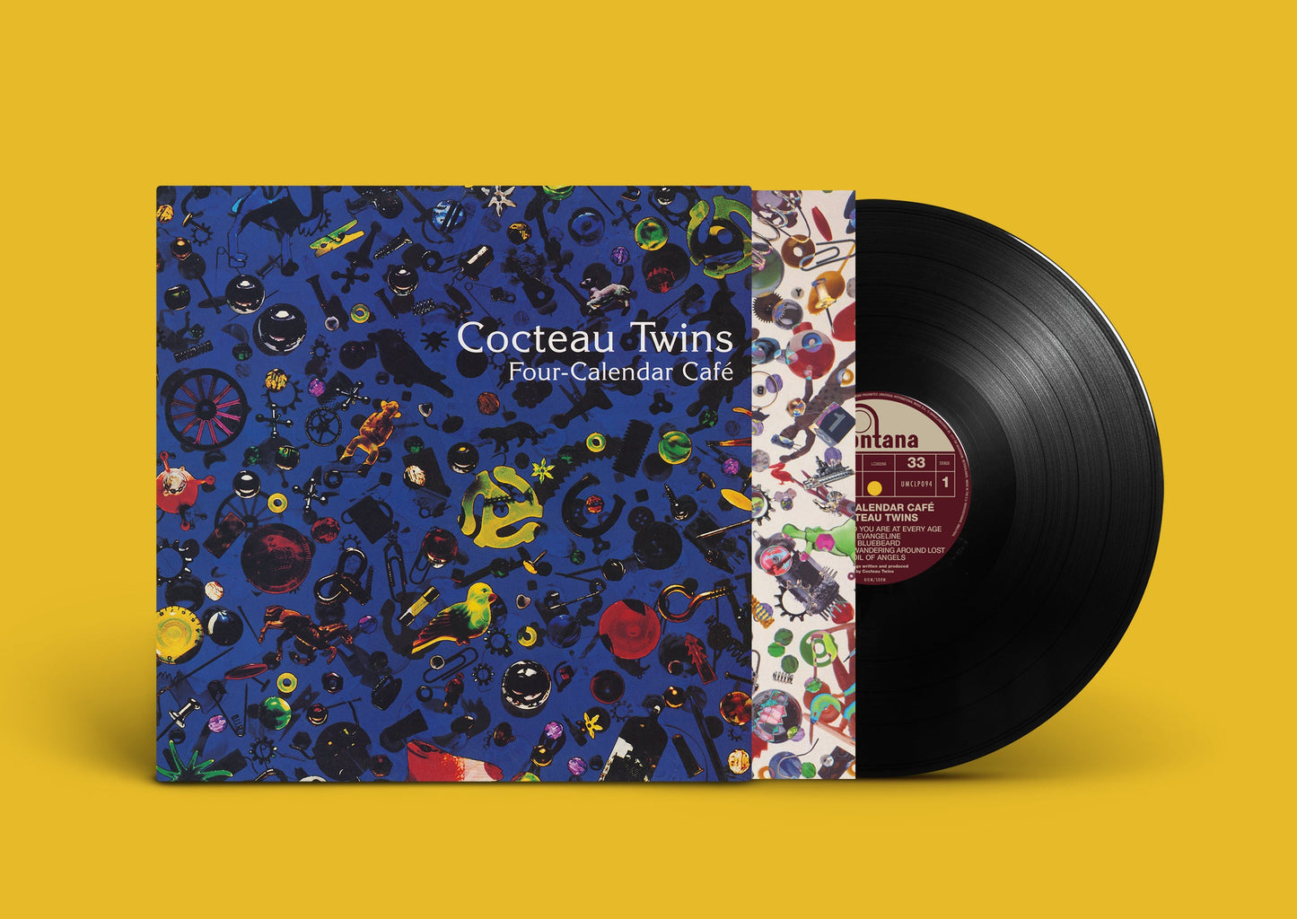 “Four-Calendar Cafe” vinyl record with colorful, patterned cover art.