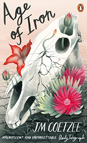 Book cover: "Age of Iron" by J.M. Coetzee, featuring a skull and flowers.