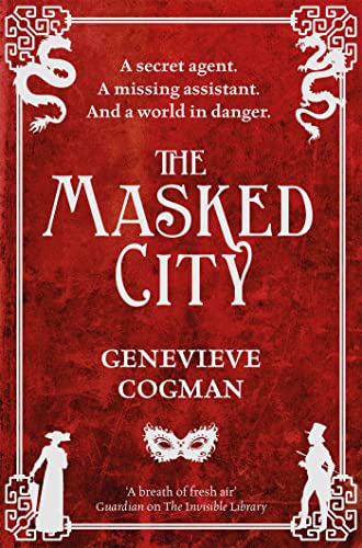 Book cover for The Masked City by Genevieve Cogman with red background and white illustrations.