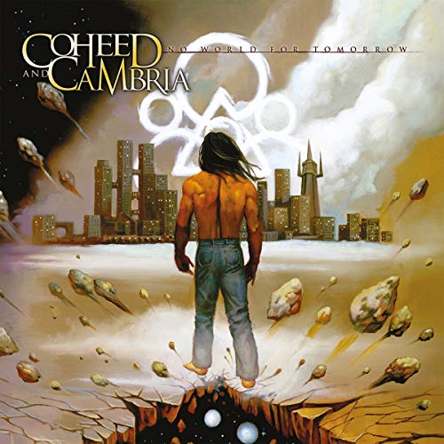 Album cover: man facing a futuristic city amidst falling debris.