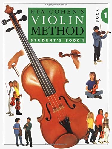 Violin instruction book cover with a large violin image and children playing.