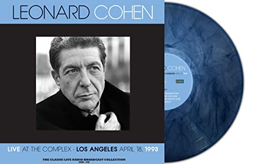 Leonard Cohen album cover with a portrait and blue marble vinyl record.