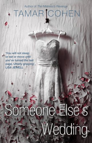 Book cover: white wedding dress hanging, scattered red petals, dark background.