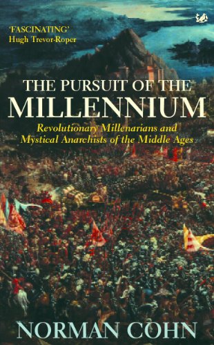 Book cover: “The Pursuit of the Millennium” with medieval battle painting.
