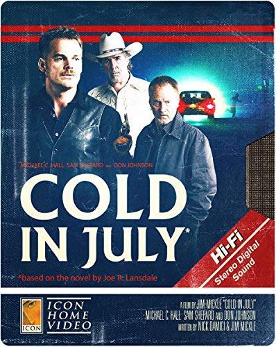 Three men stand before a car with headlights in this Cold in July poster.