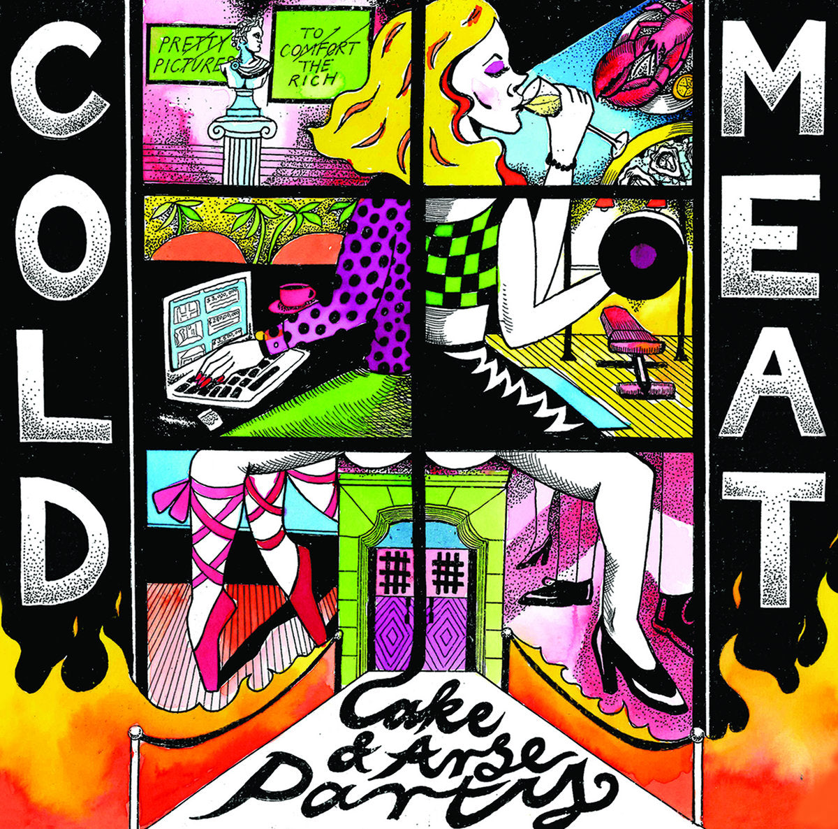 Collage of surreal, colorful illustrations with text: “Cold Meat - Cake & Arse Party.”