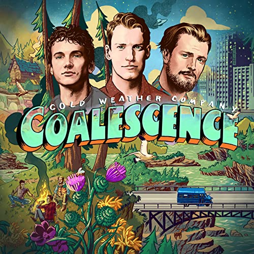 Three men above a stylized album title on a colorful nature scene with bridge.