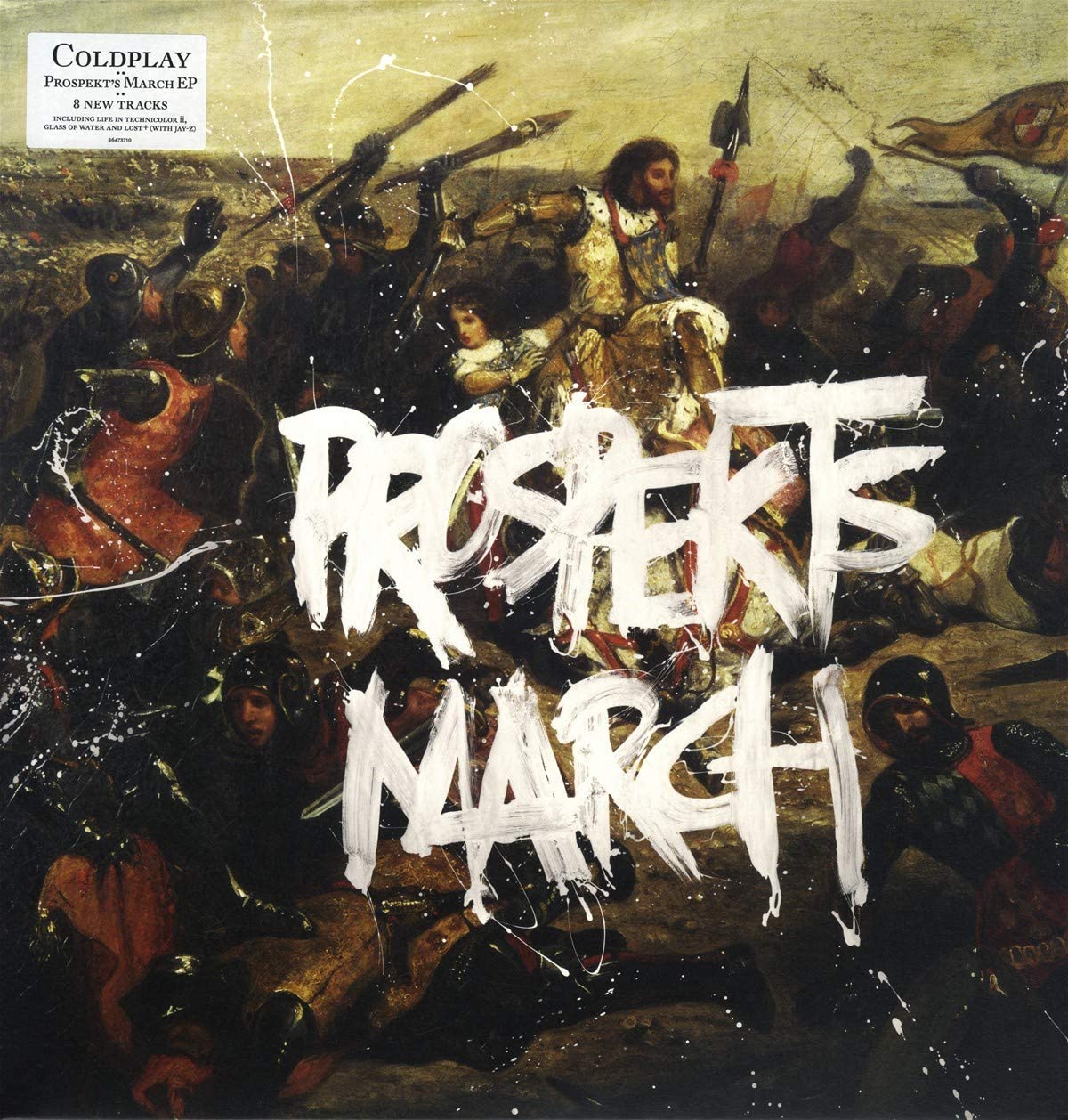 Coldplay’s “Prospekt’s March” EP vinyl cover: painted figures with bold white text.