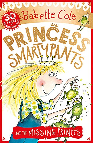 Book cover illustration of Princess Smartypants pointing at three small, crowned green frogs.