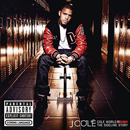 J. Cole sits on a bench in a hallway of lockers, album cover.