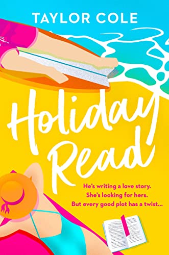 Book cover with hands writing, a beach ball, and an open book.
