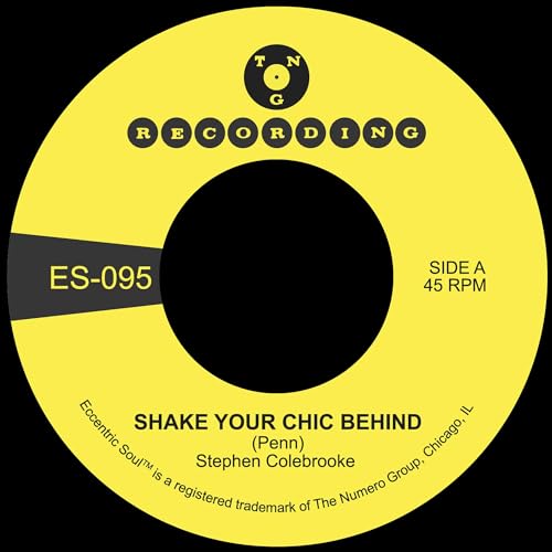 Yellow vinyl record label with black text: āShake Your Chic Behindā by Stephen Colebrooke.