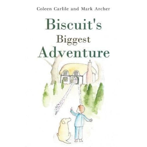 Boy and golden dog looking at a fairytale cottage illustration.