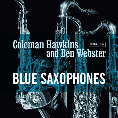 "Album cover featuring multiple silver saxophones against a black background with blue overlay."