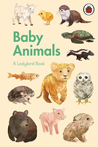"Book cover featuring illustrations of various baby animals on a beige background."