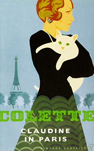 Book cover: woman with cat, Eiffel Tower, and "Claudine in Paris" title.
