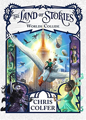 Book cover: fantasy scene with children flying on a swan over a city.