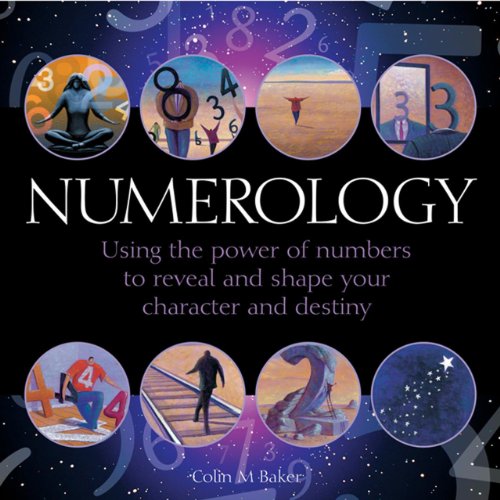 Book cover for "Numerology" with numbers and symbolic imagery on a dark background.