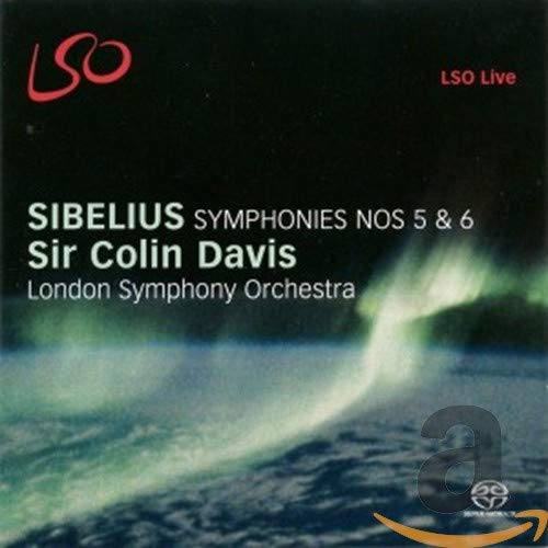 CD cover featuring Sibelius Symphonies 5 and 6, Sir Colin Davis, and aurora borealis imagery.