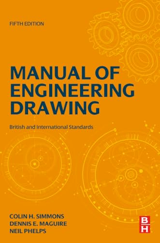 Orange textbook cover with title "Manual of Engineering Drawing" and gear graphics.