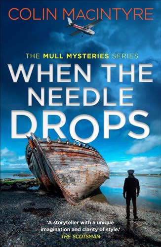 Book cover: derelict boat, lone figure, plane in stormy Scottish landscape.
