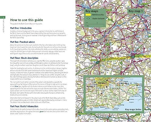 Open guidebook page showing a detailed, colorful map of the North Downs Way.