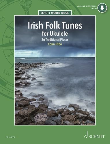 Sheet music cover: “Irish Folk Tunes for Ukulele” with coastal scene.