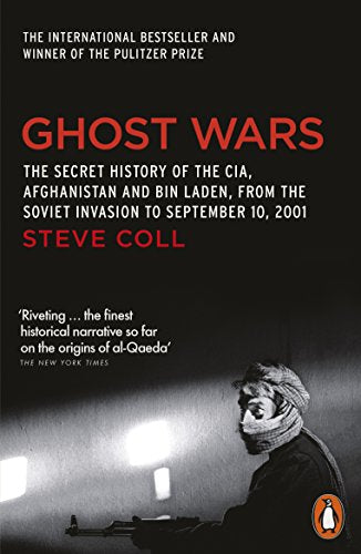 Book cover of Ghost Wars by Steve Coll featuring a man with a rifle.