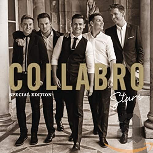 Five men in suits, the band Collabro, with gold lettering.