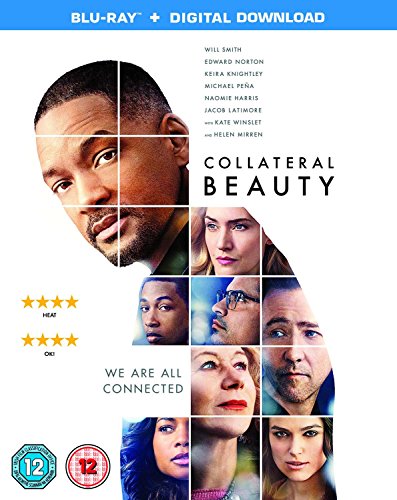 "Blu-ray case for 'Collateral Beauty' with a grid of actors' faces on the cover."